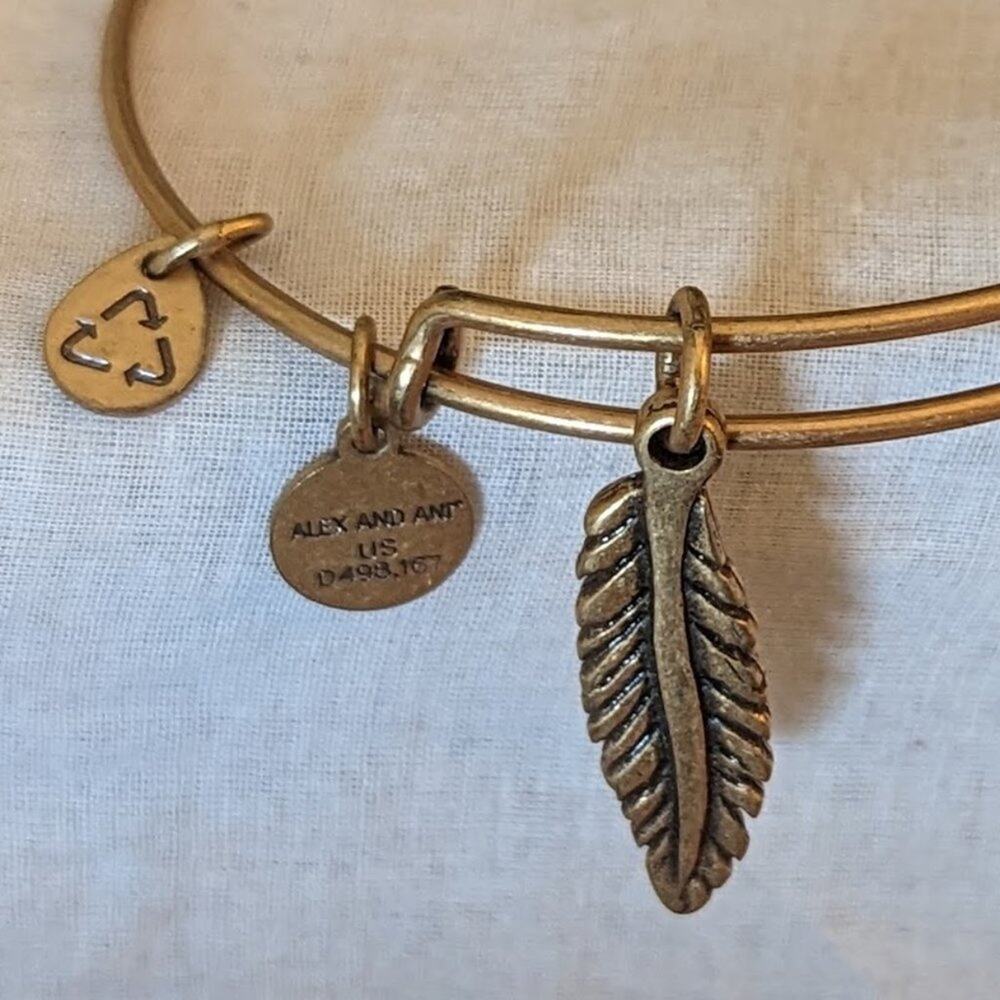 Alex and Ani Feather Charm Gold Tone Adjustable Slide Bangle Bracelet - Picture 5 of 5